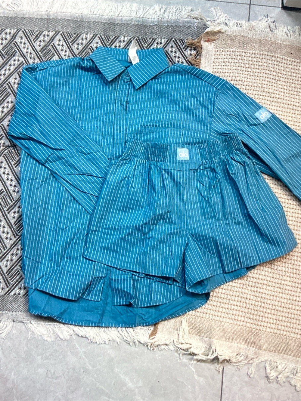 ALO Yoga Teal Blue Pinstripe Button-Down Shirt Set